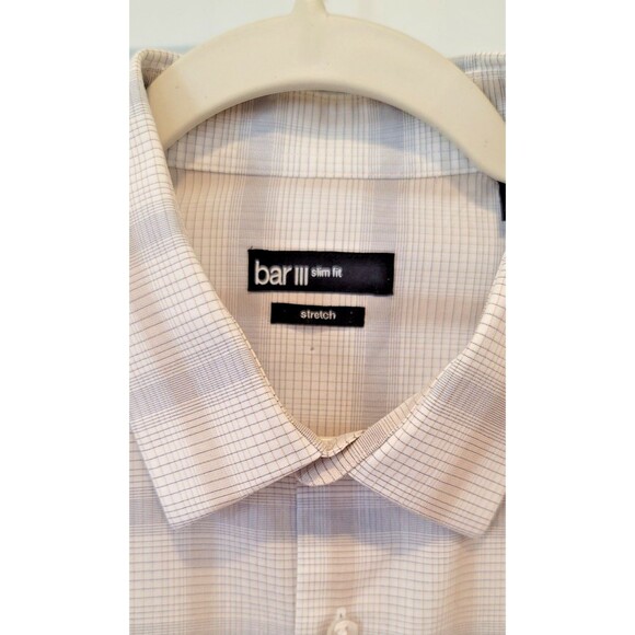 Bar III Mens Button Down Slim Fit Stretch Plaid Dress Shirt Blue Tan Large - Picture 4 of 5